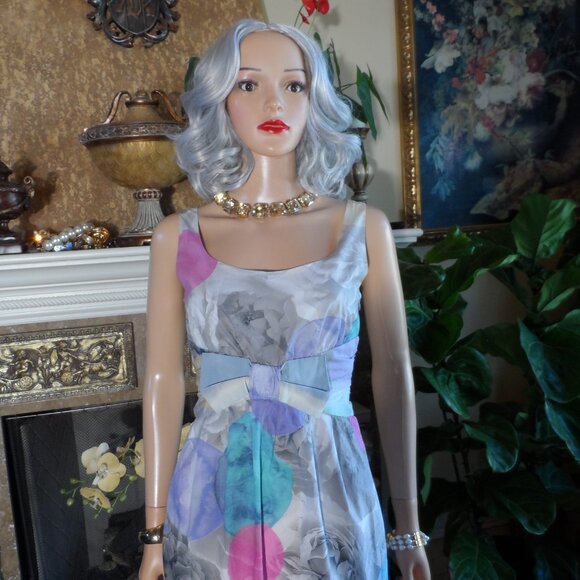 Moschino Cheap&chic Gray Multi Rose Print Sheath Dress w/Front Bow Detail Size 8 - Picture 5 of 16